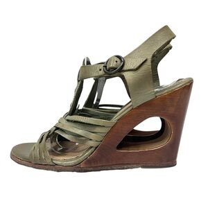 Frye Leather T-Strap Braided Gabrielle Gladiator Wood Cutout Wedge Heel Sandals